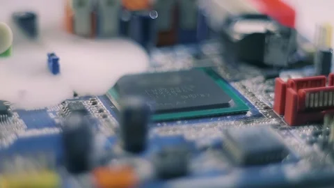 On board with processor, like water, a smoke flows in and completely fills it Stock Footage 313152199
