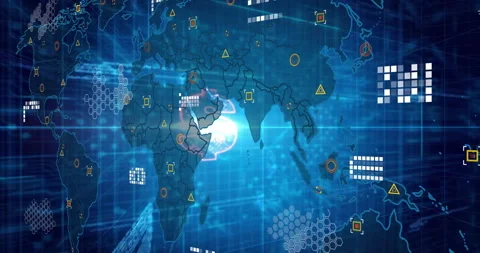 Board pulses causing world map reveal, data streams transforming into neon Stock Footage 313618714