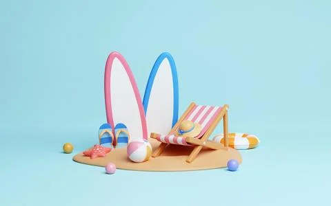 Board with swimming ring, board, beach chair, sandal and starfish on the beach Stock Illustration