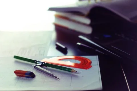 Board table pencil divider Stock Photos