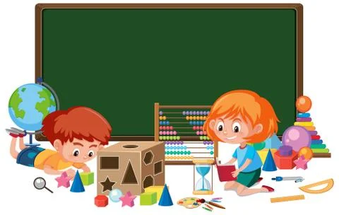 Board template with two kids in classroom Stock Illustration