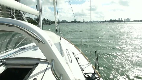 On board view of sailing boat navigating in Miami Stock Footage 72116974