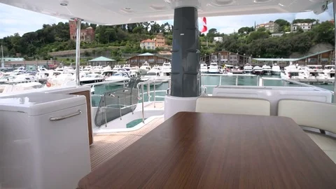On board view of upper deck of a luxury yacht navigating Stock Footage 71827368