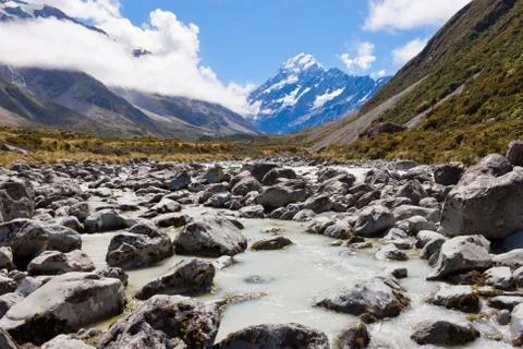 Boarded trail section in hooker valley on a track leading to aoraki, mount co Stock Photos