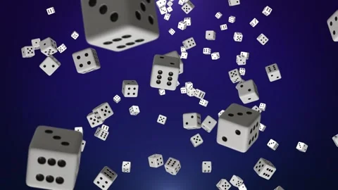Boardgame dice randomly flying and rotating on blue background Stock Footage 254545797