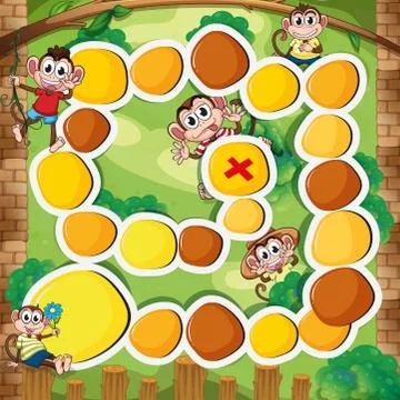 Boardgame template with monkey in the woods 스톡 일러스트