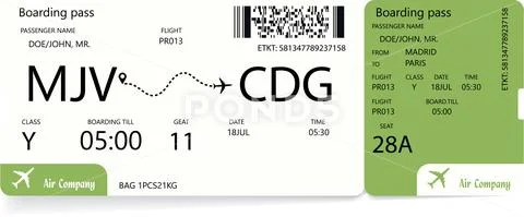 Boarding pass. Green airplane ticket. Stock Illustration