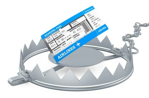 Boarding pass ticket inside bear trap, 3D rendering Stock Illustration