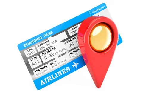 Boarding pass ticket with map pointer, 3D rendering 스톡 일러스트