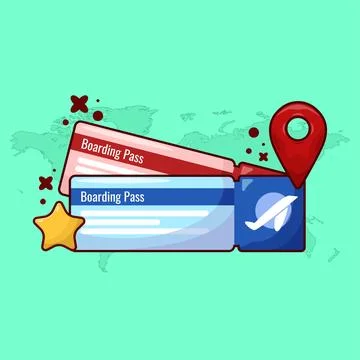 Boarding Pass Ticket Vector Illustration in Cartoon Style with Pin Mark Map.. Illustrazione stock