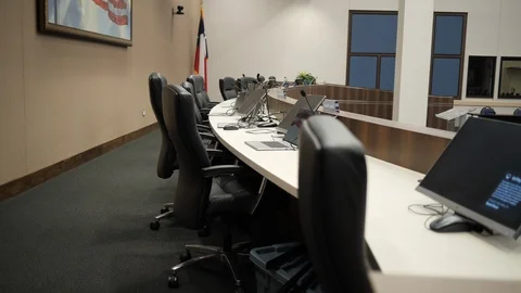 Boardroom Computers and Chairs Empty Room Pan Right Stock Footage 126477280