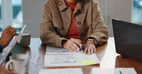 Boardroom, discussion and presenter with paperwork, hands and explaining Stock Footage 312684399