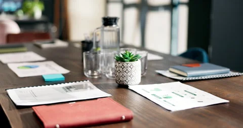 Boardroom, empty and office with documents for financial review, analytics and Stock Footage 340605857