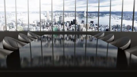 Boardroom table with city background. 3D illustration Stock Illustration