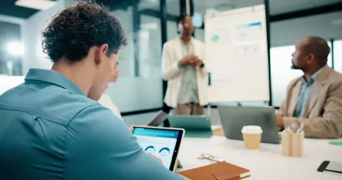 Boardroom, teamwork and man with tablet screen for presentation, data analysis Stock Footage 335440601