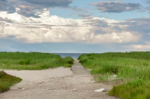Boardwalk to beach on Buzzards Bay Stock Photos