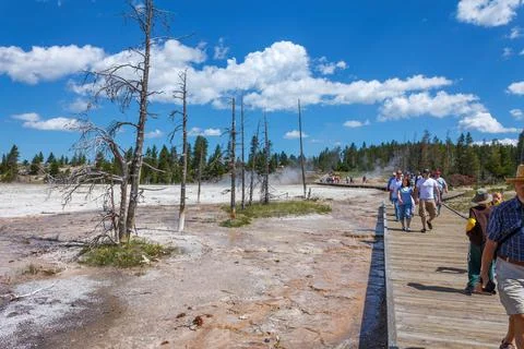 Boardwalk near geysers, hot springs and mud pots in Yellowstone National Park Stock Photos