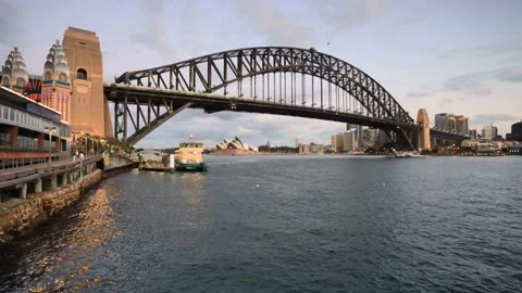 Boardwalk under the Sydney Harbour bridge to the city across the Harbour in 4k. Stock Footage 135874618