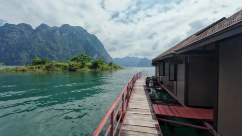 Boardwalk View Across Floating Lake Resort Stock Footage 329074006