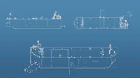Boat 3d blueprint mesh model  on a blue background. Front view orthographic   Stock Illustration