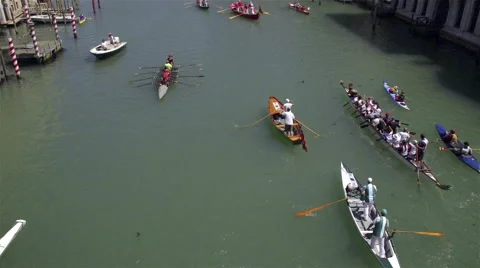 Boat across venice river, view of basilica of santa maria della salute. Stock Footage 66065229