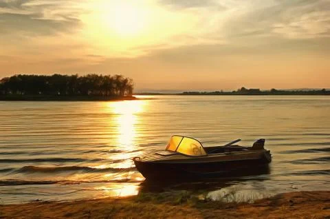 Boat on the Amur River at Sunset Stock Illustration
