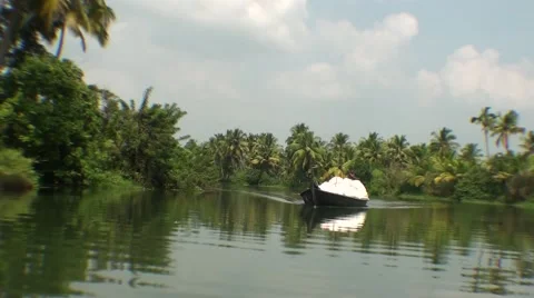 Boat and Palm trees in bacwaters in Kerala india Stock Footage 52156991