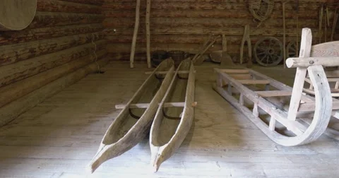 Boat and sledge. The barn of a peasant. Kostroma Stock Footage 64592239