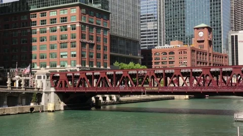 Boat and train traffic at a bridge in Chicago, Illinois Stock Footage 79700871