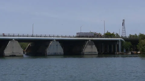 Boat approach river bridge Stock Footage 27354944