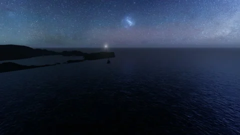 Boat approaching the lighthouse during a starry night Vidéo 149177323