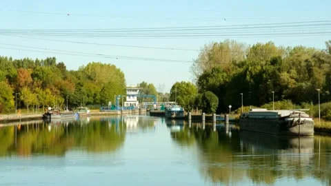 Boat approaching lock number 6 of Pont Malin on the Escaut canal. Stock Footage 319749204