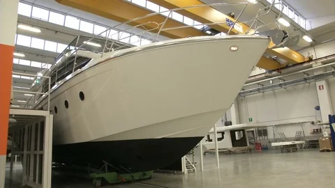 Boat being pulled with a chain in a shipyard Stock Footage 72144394