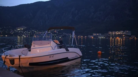 The boat bobs on the waves off the coast of the Boka Bay of Kotor., Montenegro Stock Footage 119061734