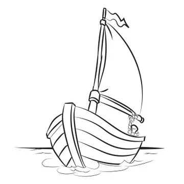 Boat Cartoon - Line Drawn Vector Stock Illustration