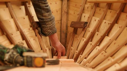 Boat Construction Fitting Interior Floor Boards at the Bow 動画素材 306034928