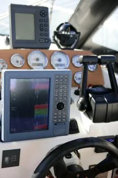 Boat control bridge, plotter, fishfinder, radar, power Stock Photos