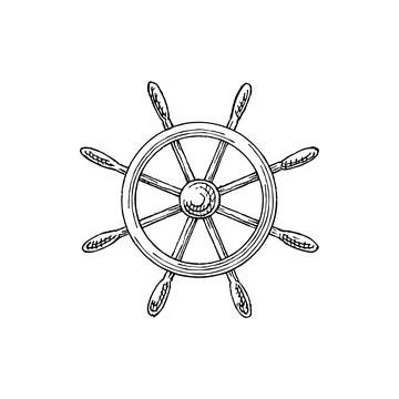 Boat control rudder isolated steering wheel sketch Illustration