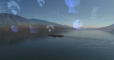 Boat crew starting engine, boat moving right across lake, data overlays growing Stock Footage 329753261