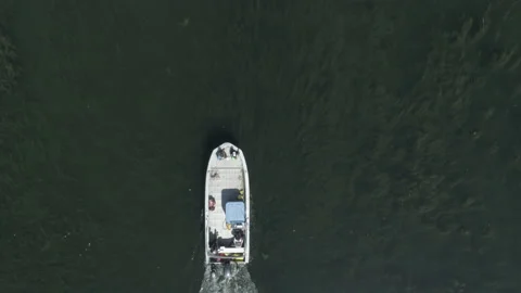Boat Crosses Static Frame Bird's Eye View on Lake - Drone Footage Stock Footage 149506704