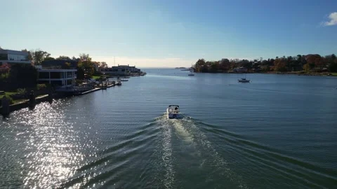 Boat Cruising down the Bay in CT 4K Stock Footage 221270964