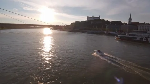 Boat on Danube river in Bratislava Stock Footage 120537070