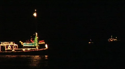 Boat decorated with lights passes Stock Footage 295771