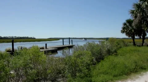Boat Dock in Savannah Marsh River Stock Footage 8765226