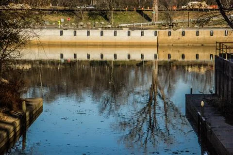 Boat Dock Trees in reflection of water Stock Photos
