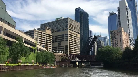 Boat driving down chicago river facing rear Video stock 65817743