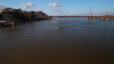 Boat Driving Down River Sunny Drone Shot 4K 스톡 동영상 121103966