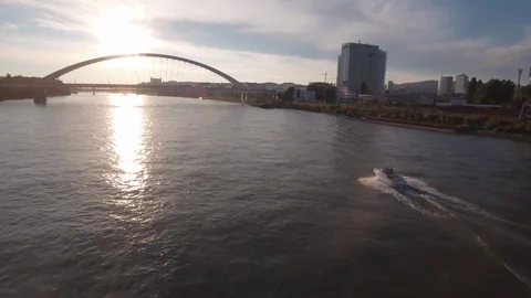 Boat driving towards bridge Stock Footage 120536229