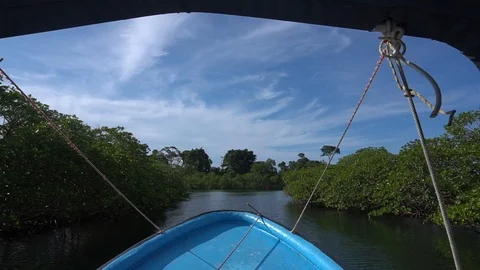 Boat Driving On Water Through Small Islands [Slow Motion] Stock Footage 89876244