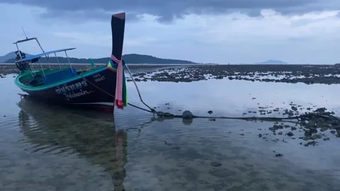 The boat ended up on the seabed after low tide. Stock Footage 231200581